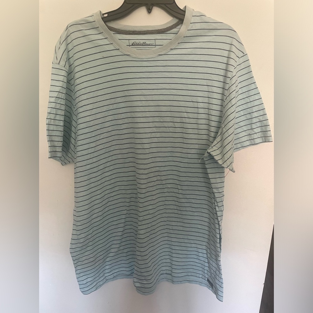Eddie Bauer T Shirt Men's XL Blue Striped Short Sleeve Crew Neck Cotton Blend